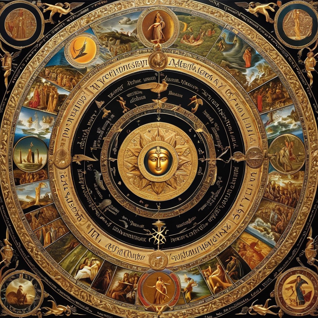 Das Rad der zwölf Archetypen — goldenes Sonnengesicht im Zentrum, umringt von den Bildern der Archetypen